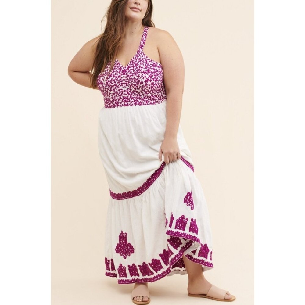 NWT Anthropologie Manuela in White Purple Cotton Embroidered Maxi Dress 18W